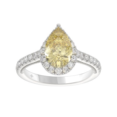 14K WHITE GOLD 2 1/2CT ROUND/PEAR DIAMOND LADIES RING (CENTER STONE YELLOW PEAR DIAMOND 1.00CT)