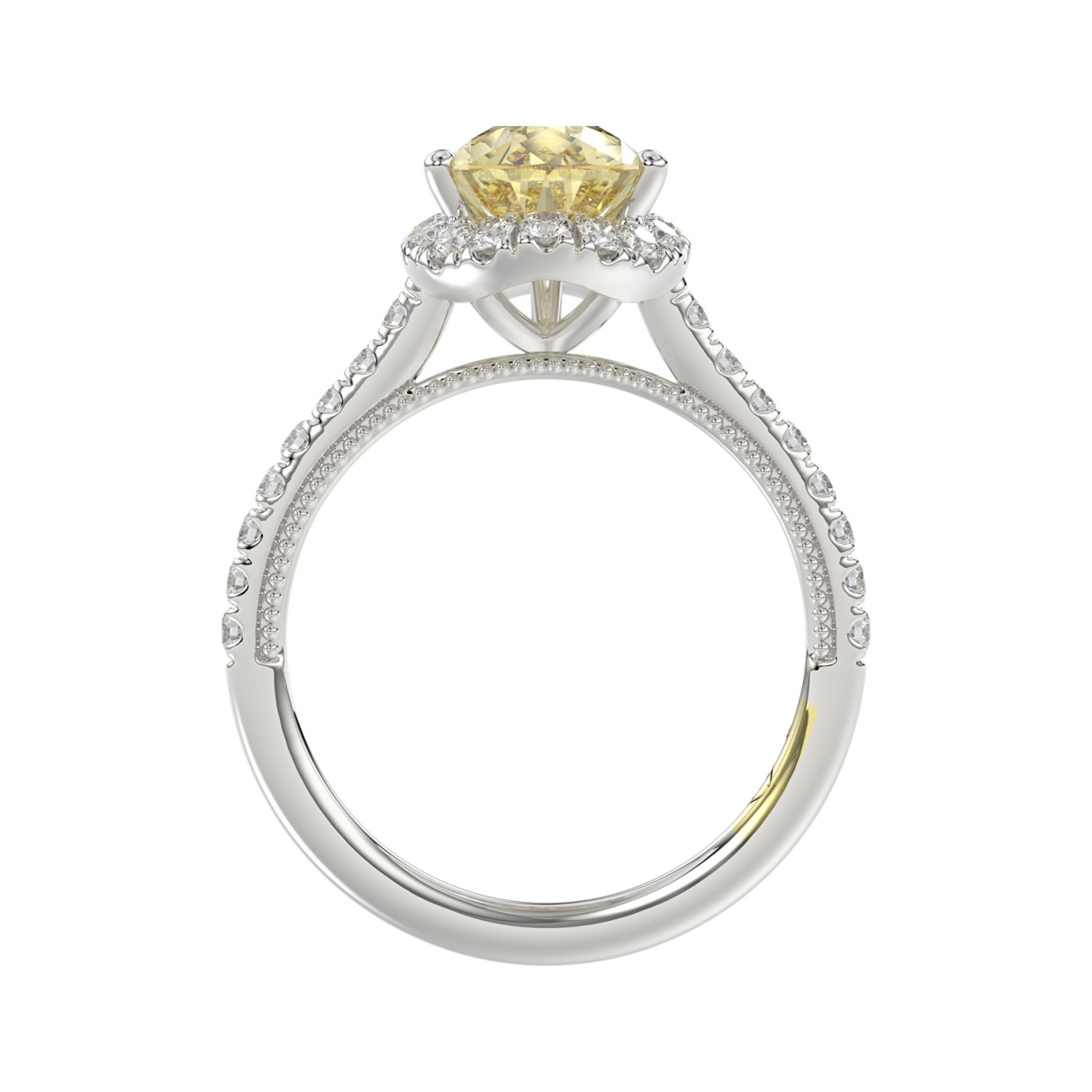 14K WHITE GOLD CRAFTED WITH 18K YELLOW GOLD SHANK 2 1/2CT ROUND/PEAR DIMAOND LADIES RING (CENTER STONE PEAR YELLOW DIAMOND 2.00CT)