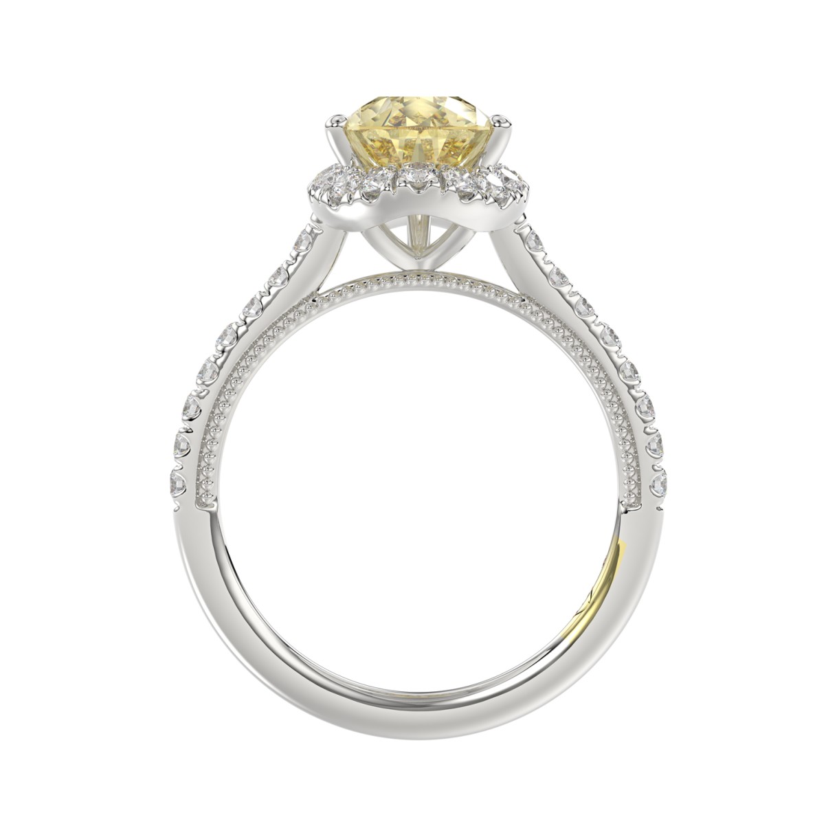 14K WHITE GOLD CRAFTED WITH 18K YELLOW GOLD SHANK 2 1/2CT ROUND/PEAR DIAMOND LADIES RING (CENTER STONE PEAR YELLOW DIAMOND 2.00CT)