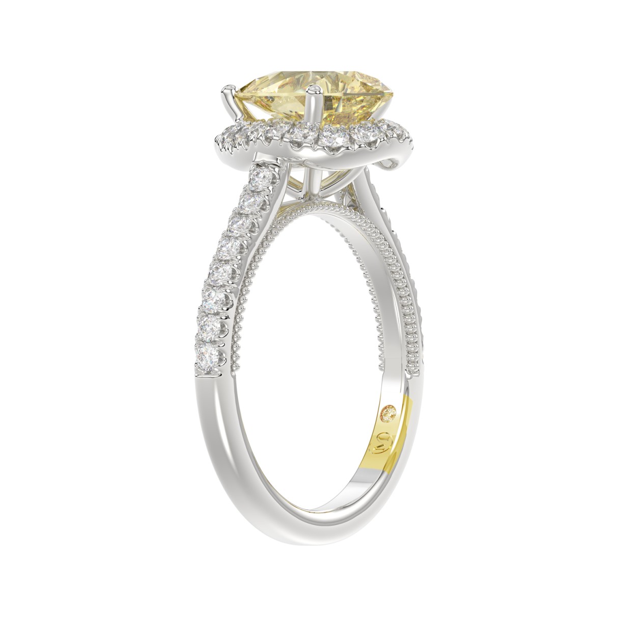 14K WHITE GOLD CRAFTED WITH 18K YELLOW GOLD SHANK 2 1/2CT ROUND/PEAR DIMAOND LADIES RING (CENTER STONE PEAR YELLOW DIAMOND 2.00CT)