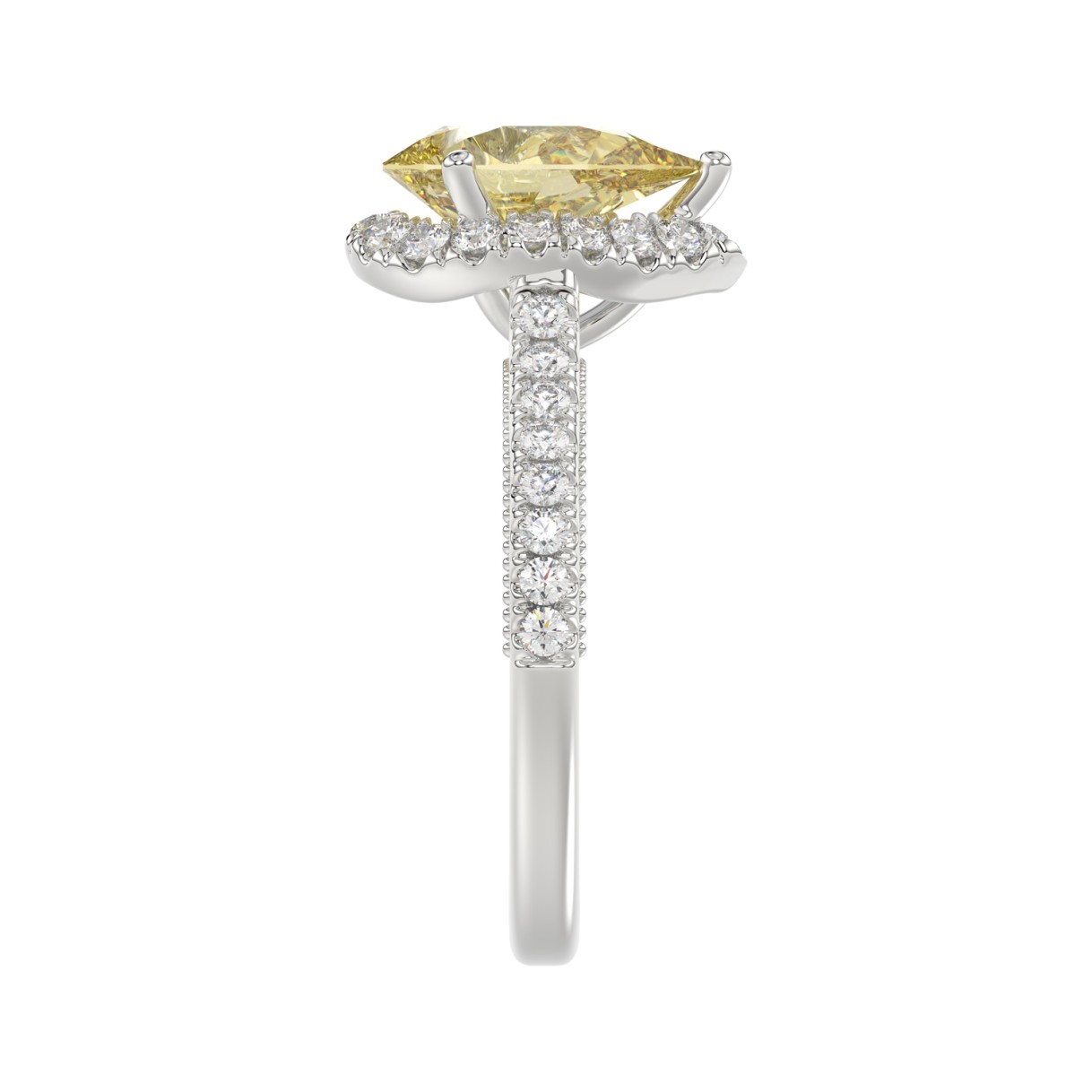 14K WHITE GOLD CRAFTED WITH 18K YELLOW GOLD SHANK 2 1/2CT ROUND/PEAR DIAMOND LADIES RING (CENTER STONE PEAR YELLOW DIAMOND 2.00CT)