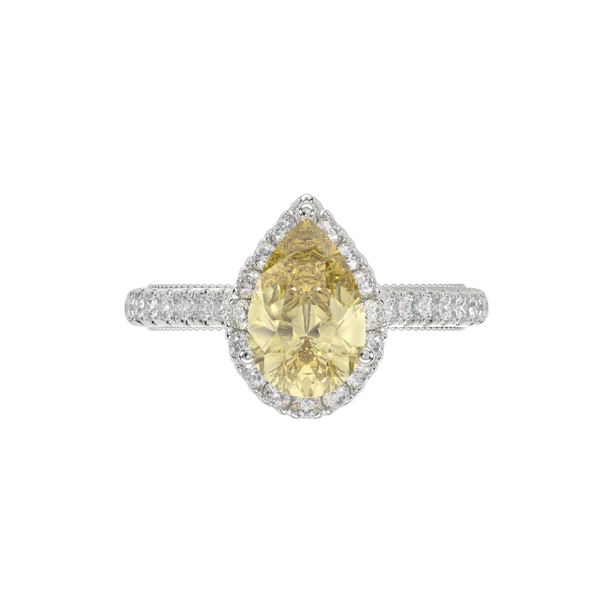 14K WHITE GOLD CRAFTED WITH 18K YELLOW GOLD SHANK 2 1/2CT ROUND/PEAR DIMAOND LADIES RING (CENTER STONE PEAR YELLOW DIAMOND 2.00CT)