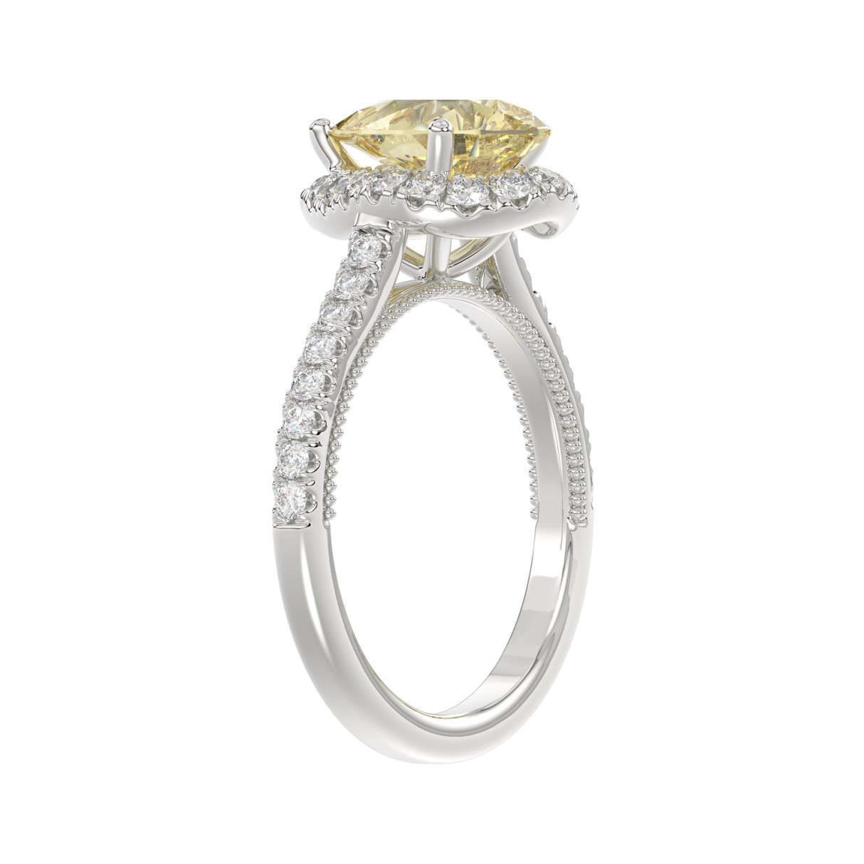 14K WHITE GOLD 2 1/2CT ROUND/PEAR DIAMOND LADIES RING (CENTER STONE YELLOW PEAR DIAMOND 1.00CT)