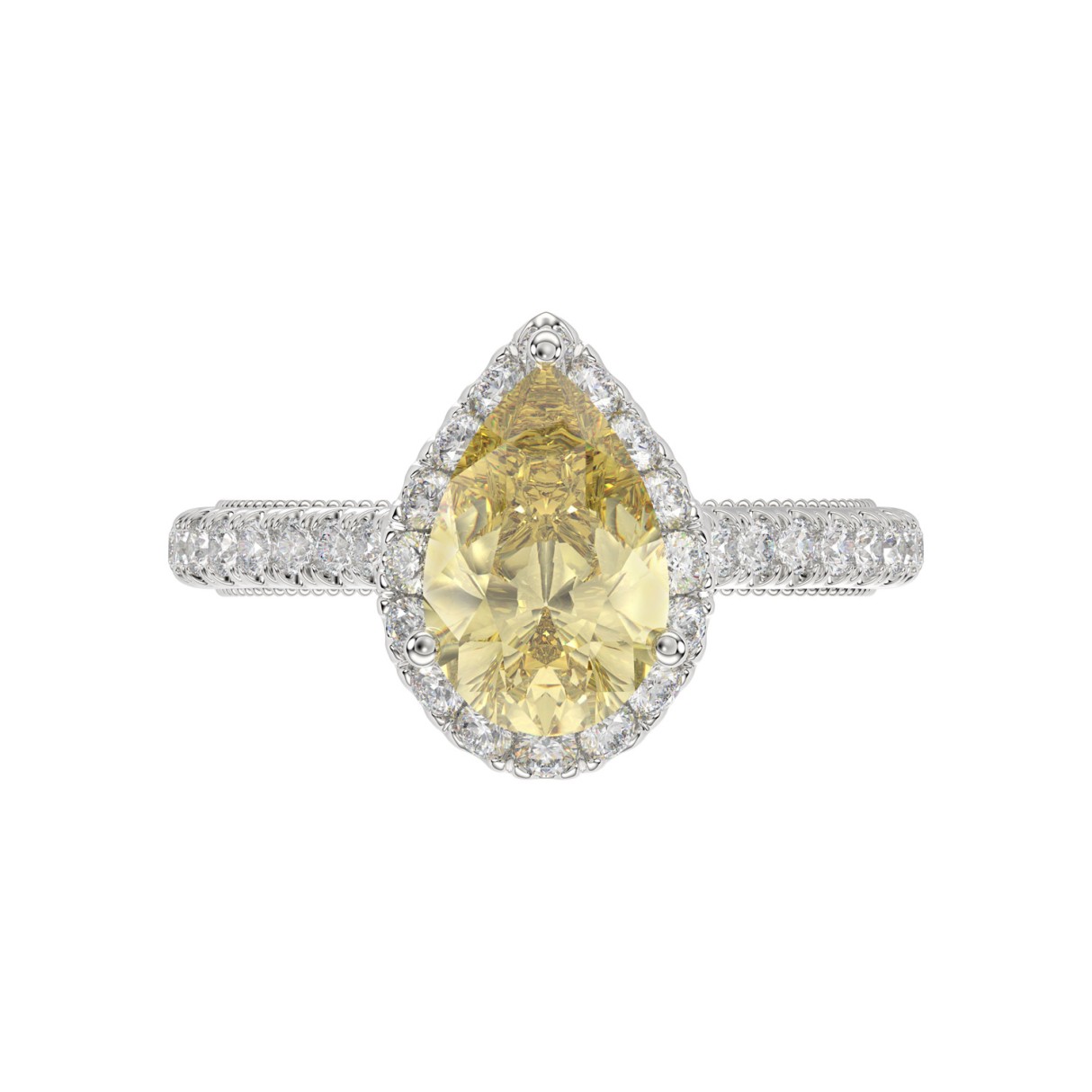 14K WHITE GOLD 2 1/2CT ROUND/PEAR DIAMOND LADIES RING (CENTER STONE YELLOW PEAR DIAMOND 1.00CT)