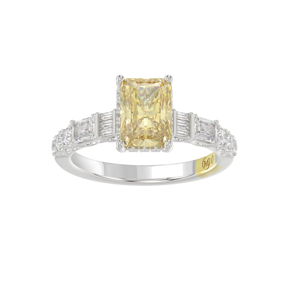 14K WHITE GOLD CRAFTED WITH 18K YELLOW GOLD SHANK 2 3/4CT ROUND/BAGUETTE/EMERALD DIAMOND LADIES BRIDAL RING (CENTER STONE RADIANT YELLOW DIAMOND 2.00CT)