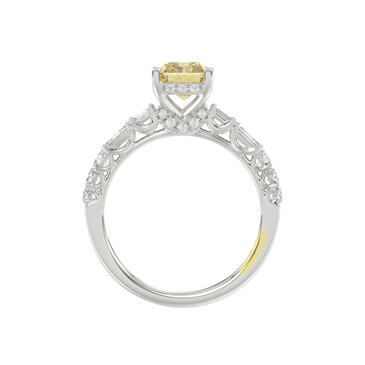 14K WHITE GOLD CRAFTED WITH 18K YELLOW GOLD SHANK 2 3/4CT ROUND/BAGUETTE/EMERALD DIAMOND LADIES BRIDAL RING (CENTER STONE RADIANT YELLOW DIAMOND 2.00CT)