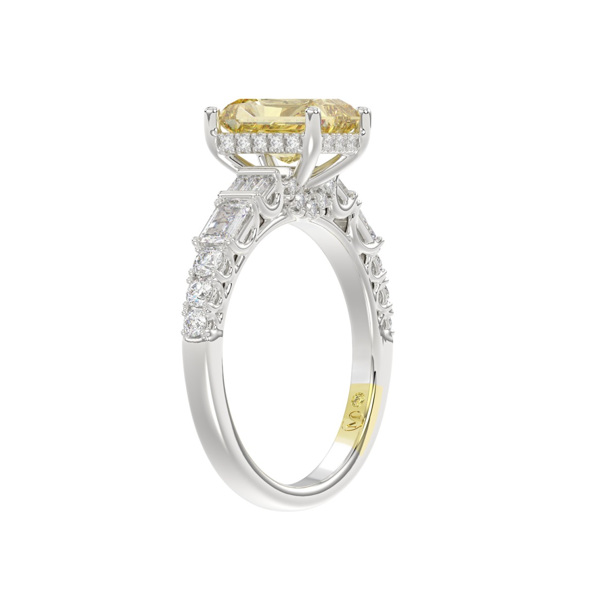 14K WHITE GOLD CRAFTED WITH 18K YELLOW GOLD SHANK 2 3/4CT ROUND/BAGUETTE/EMERALD DIAMOND LADIES BRIDAL RING (CENTER STONE RADIANT YELLOW DIAMOND 2.00CT)