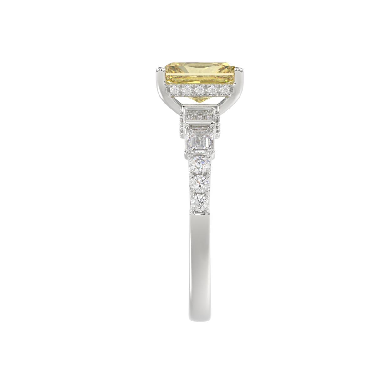 14K WHITE GOLD CRAFTED WITH 18K YELLOW GOLD SHANK 2 3/4CT ROUND/BAGUETTE/EMERALD DIAMOND LADIES BRIDAL RING (CENTER STONE RADIANT YELLOW DIAMOND 2.00CT)