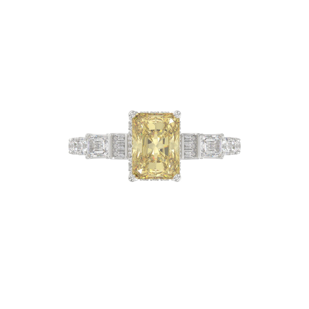 14K WHITE GOLD CRAFTED WITH 18K YELLOW GOLD SHANK 2 3/4CT ROUND/BAGUETTE/EMERALD DIAMOND LADIES BRIDAL RING (CENTER STONE RADIANT YELLOW DIAMOND 2.00CT)