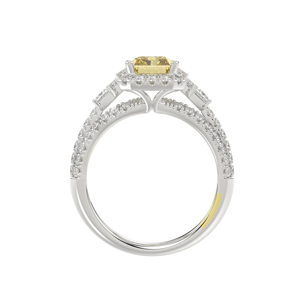 14K WHITE GOLD CRAFTED WITH 18K YELLOW GOLD SHANK 3.00CT ROUND/BAGUETTE/YELLOW RADIANT DIAMOND LADIES RING (CENTER STONE RADIANT YELLOW DIAMOND 2.00CT)