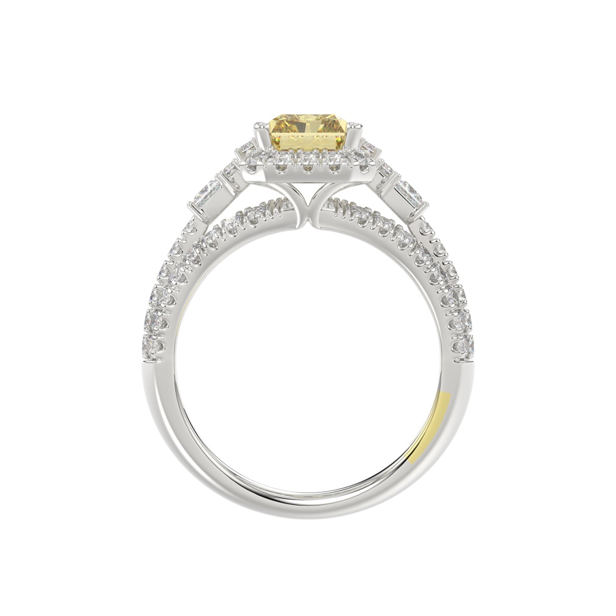 14K WHITE GOLD CRAFTED WITH 18K YELLOW GOLD SHANK 3.00CT ROUND/BAGUETTE/YELLOW RADIANT DIAMOND LADIES RING (CENTER STONE RADIANT YELLOW DIAMOND 2.00CT)