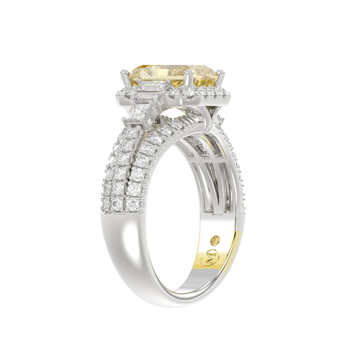 14K WHITE GOLD CRAFTED WITH 18K YELLOW GOLD SHANK 3.00CT ROUND/BAGUETTE/YELLOW RADIANT DIAMOND LADIES RING (CENTER STONE RADIANT YELLOW DIAMOND 2.00CT)