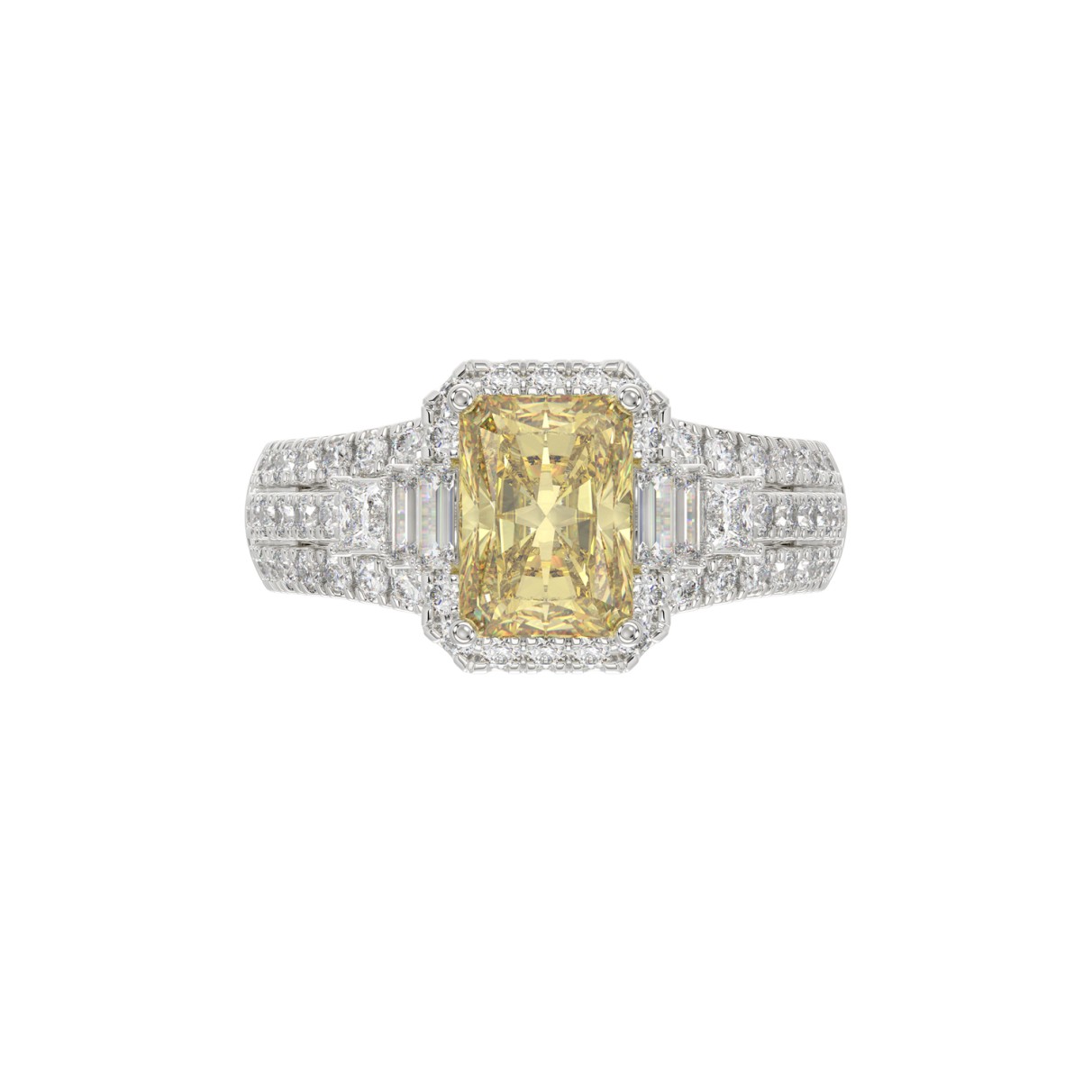 14K WHITE GOLD CRAFTED WITH 18K YELLOW GOLD SHANK 3.00CT ROUND/BAGUETTE/YELLOW RADIANT DIAMOND LADIES RING (CENTER STONE RADIANT YELLOW DIAMOND 2.00CT)