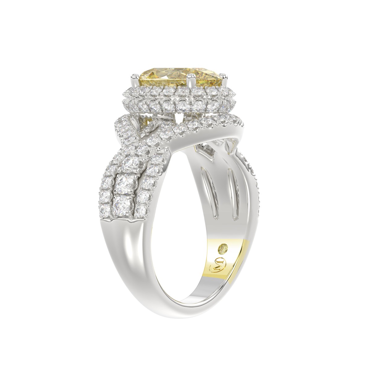 14K WHITE GOLD CRAFTED WITH 18K YELLOW GOLD SHANK 3 1/4CT ROUND/YELLOW OVAL DIMAOND LADIES RING (CENTER STONE YELLOW OVAL  DIAMOND 2.00CT)