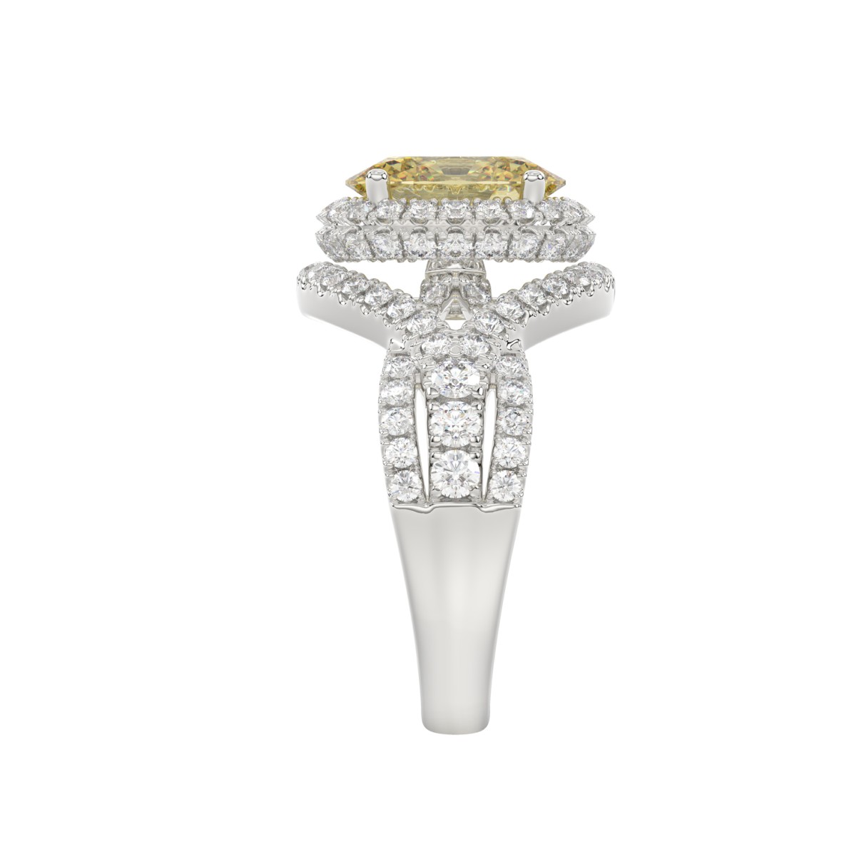 14K WHITE GOLD CRAFTED WITH 18K YELLOW GOLD SHANK 3 1/4CT ROUND/YELLOW OVAL DIMAOND LADIES RING (CENTER STONE YELLOW OVAL  DIAMOND 2.00CT)