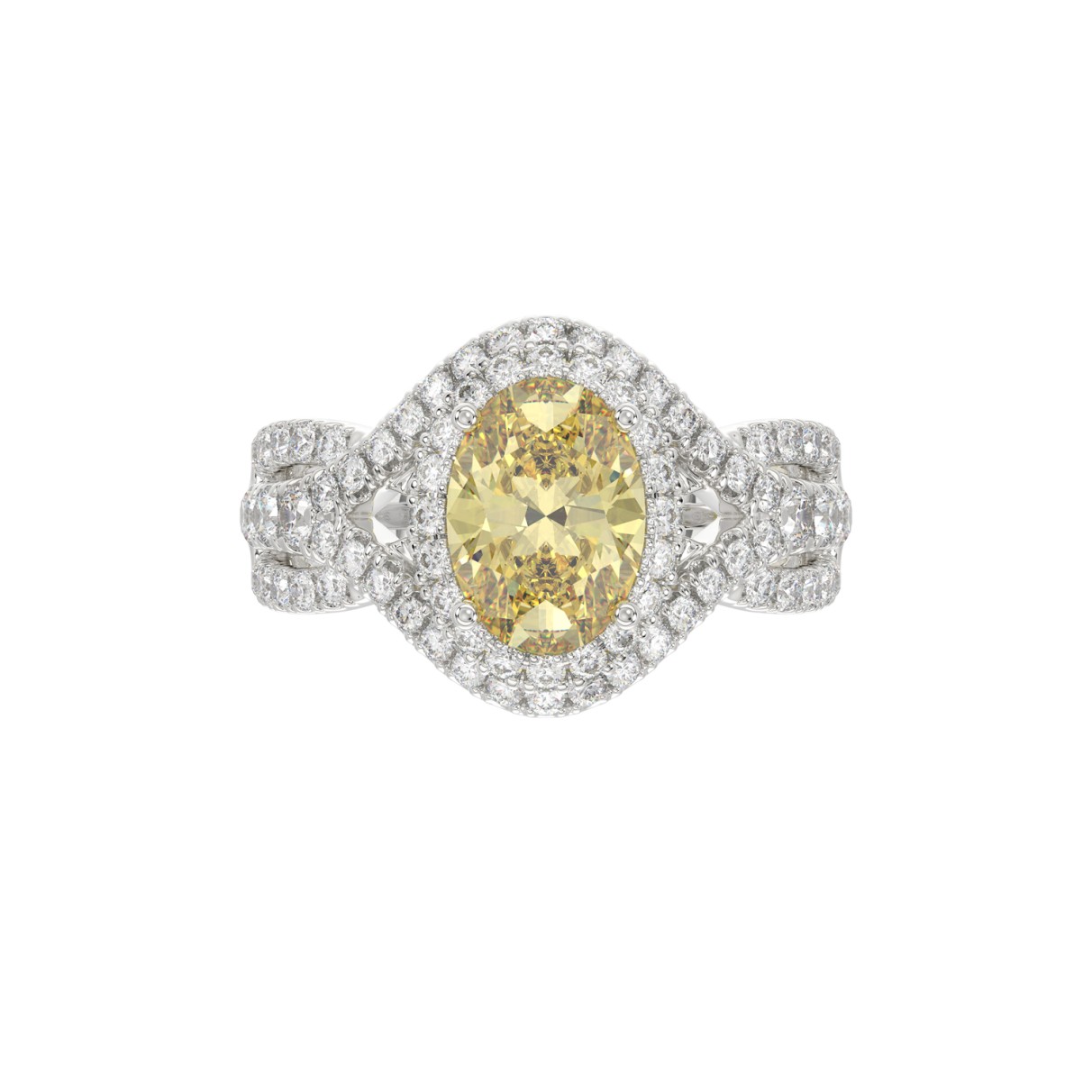 14K WHITE GOLD CRAFTED WITH 18K YELLOW GOLD SHANK 3 1/4CT ROUND/YELLOW OVAL DIMAOND LADIES RING (CENTER STONE YELLOW OVAL  DIAMOND 2.00CT)