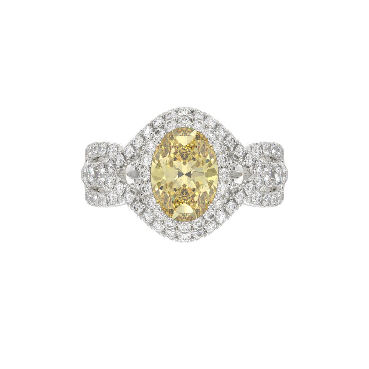 14K WHITE GOLD CRAFTED WITH 18K YELLOW GOLD SHANK 3 1/4CT ROUND/YELLOW OVAL DIMAOND LADIES RING (CENTER STONE YELLOW OVAL  DIAMOND 2.00CT)