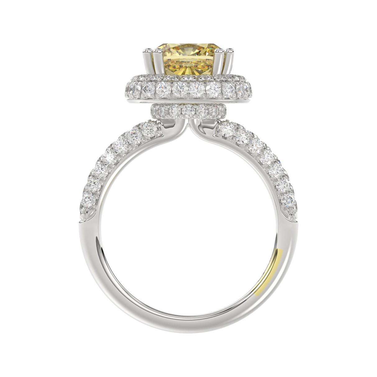 14K WHITE GOLD CRAFTED WITH 18K YELLOW GOLD SHANK  4.00CT ROUND/YELLOW CUSHION DIAMOND LADIES RING (CENTER STONE CUSHION YELLOW DIAMOND 3.00CT)