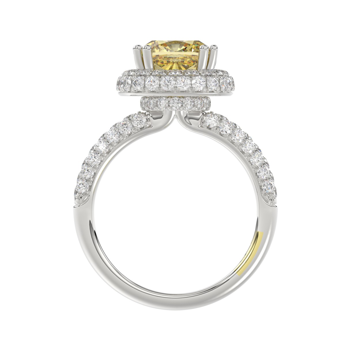 14K WHITE GOLD CRAFTED WITH 18K YELLOW GOLD SHANK  4.00CT ROUND/YELLOW CUSHION DIAMOND LADIES RING (CENTER STONE CUSHION YELLOW DIAMOND 3.00CT)