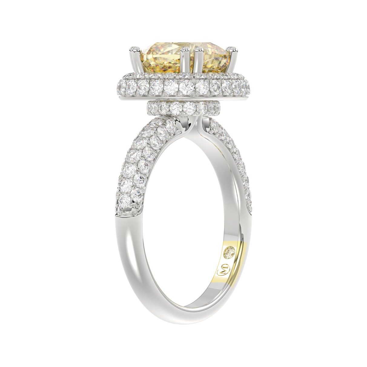 14K WHITE GOLD CRAFTED WITH 18K YELLOW GOLD SHANK  4.00CT ROUND/YELLOW CUSHION DIAMOND LADIES RING (CENTER STONE CUSHION YELLOW DIAMOND 3.00CT)