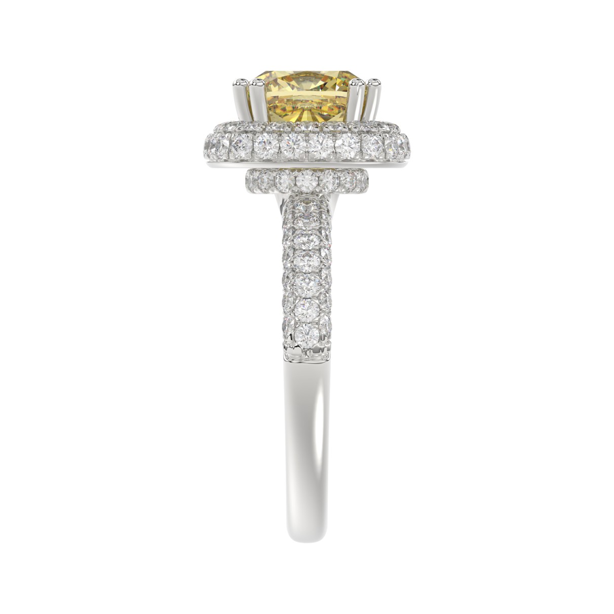 14K WHITE GOLD CRAFTED WITH 18K YELLOW GOLD SHANK  4.00CT ROUND/YELLOW CUSHION DIAMOND LADIES RING (CENTER STONE CUSHION YELLOW DIAMOND 3.00CT)