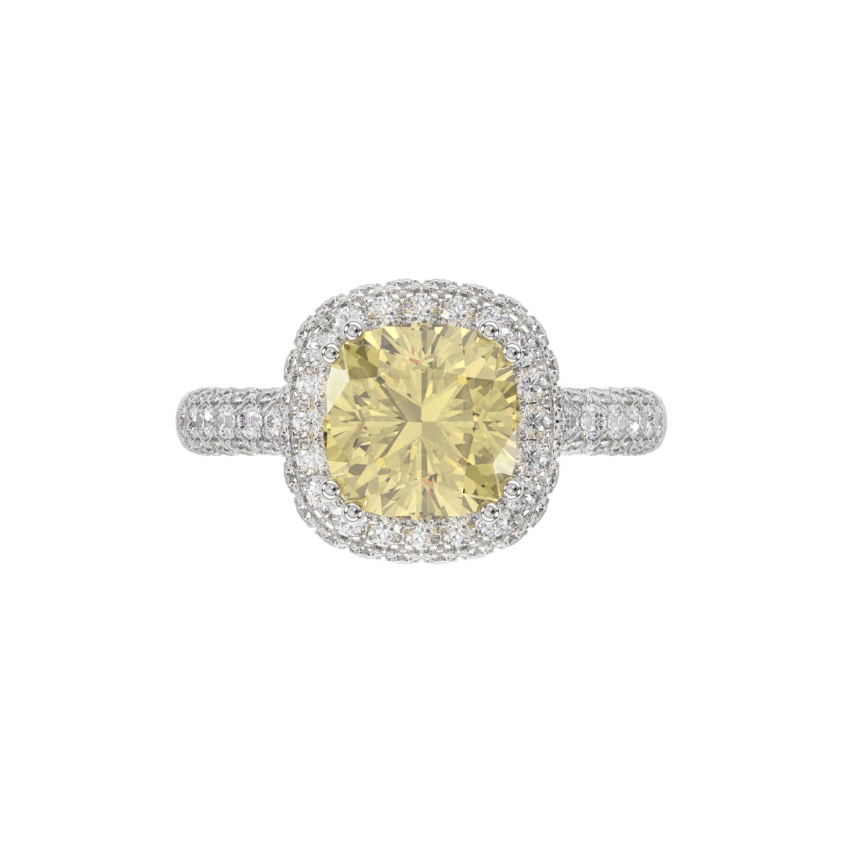 14K WHITE GOLD CRAFTED WITH 18K YELLOW GOLD SHANK  4.00CT ROUND/YELLOW CUSHION DIAMOND LADIES RING (CENTER STONE CUSHION YELLOW DIAMOND 3.00CT)