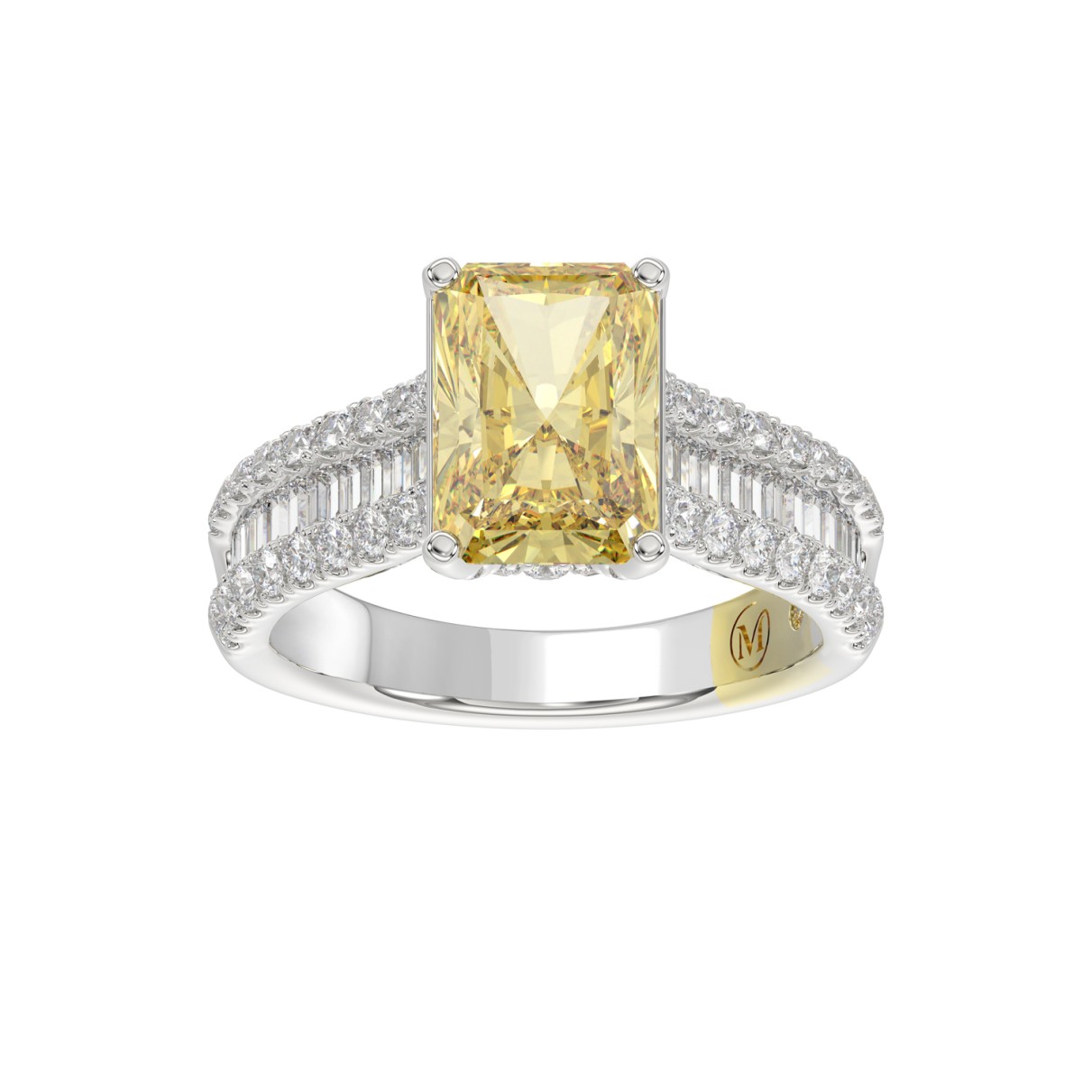 14K WHITE GOLD CRAFTED WITH 18K YELLOW GOLD SHANK 5 1/4CT ROUND/BAGUETTE/RADIANT DIAMOND LADIES RING (CENTER STONE YELLOW RADIANT DIAMOND 4.00CT)