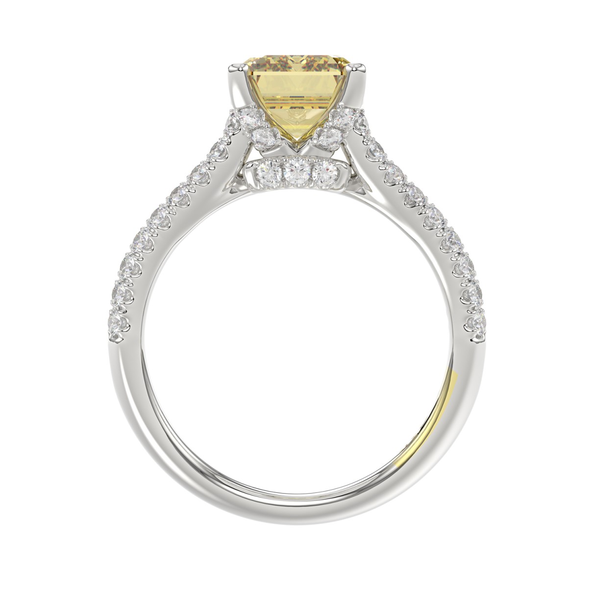 14K WHITE GOLD CRAFTED WITH 18K YELLOW GOLD SHANK 5 1/4CT ROUND/BAGUETTE/RADIANT DIAMOND LADIES RING (CENTER STONE YELLOW RADIANT DIAMOND 4.00CT)