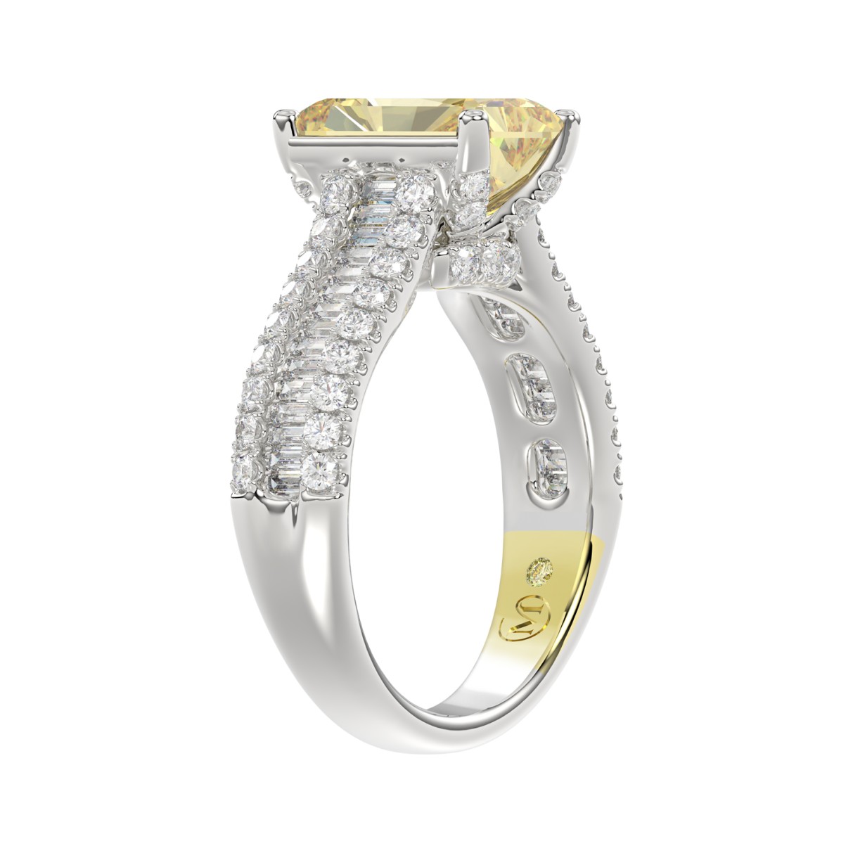 14K WHITE GOLD CRAFTED WITH 18K YELLOW GOLD SHANK 5 1/4CT ROUND/BAGUETTE/RADIANT DIAMOND LADIES RING (CENTER STONE YELLOW RADIANT DIAMOND 4.00CT)