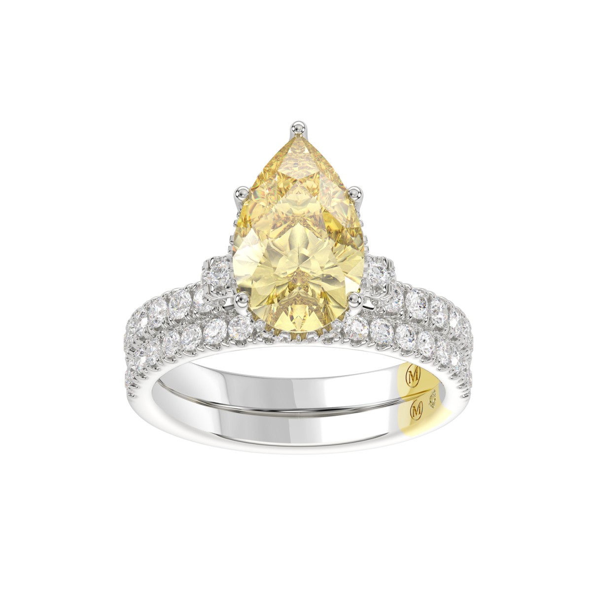 14K WHITE GOLD CRAFTED WITH 18K YELLOW GOLD SHANK 3 3/4CT ROUND/PEAR DIAMOND LADIES BRIDAL SET (CENTER STONE PEAR YELLOW DIAMOND 3.00CT)