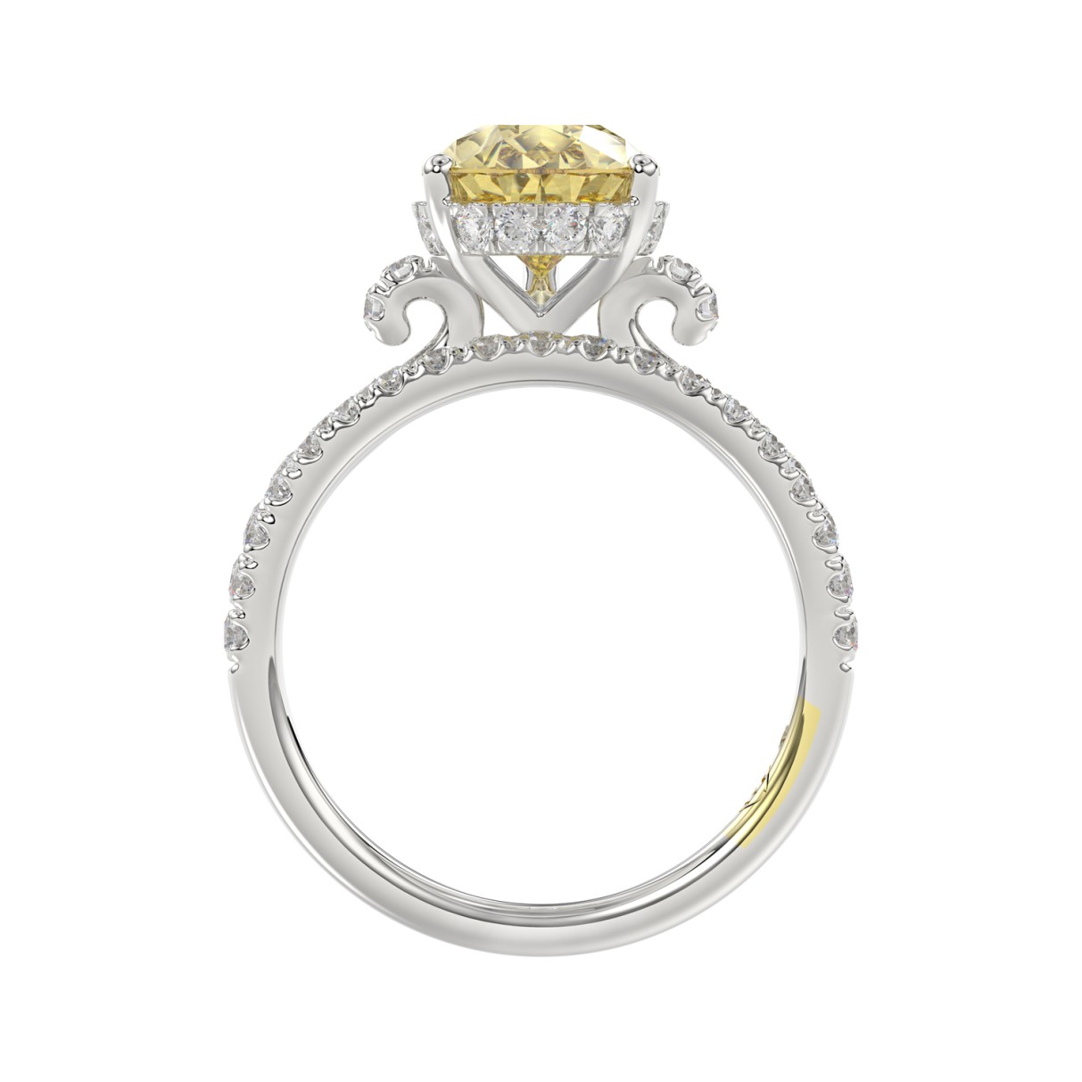 14K WHITE GOLD CRAFTED WITH 18K YELLOW GOLD SHANK 3 3/4CT ROUND/PEAR DIAMOND LADIES BRIDAL SET (CENTER STONE PEAR YELLOW DIAMOND 3.00CT)