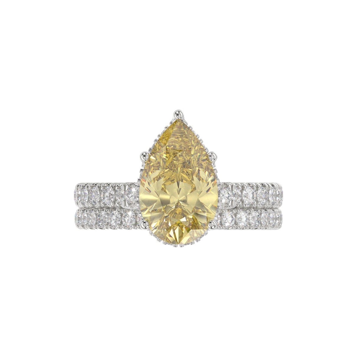 14K WHITE GOLD CRAFTED WITH 18K YELLOW GOLD SHANK 3 3/4CT ROUND/PEAR DIAMOND LADIES BRIDAL SET (CENTER STONE PEAR YELLOW DIAMOND 3.00CT)