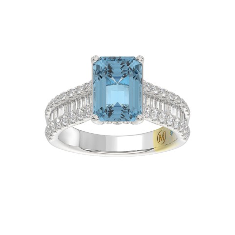 14K WHITE GOLD CRAFTED WITH 18K YELLOW GOLD SHANK 4.00CT ROUND/RADIANT/BAGUETTE DIAMOND LADIES RING (CENTER STONE RADIANT BLUE DIAMOND 3.00CT)