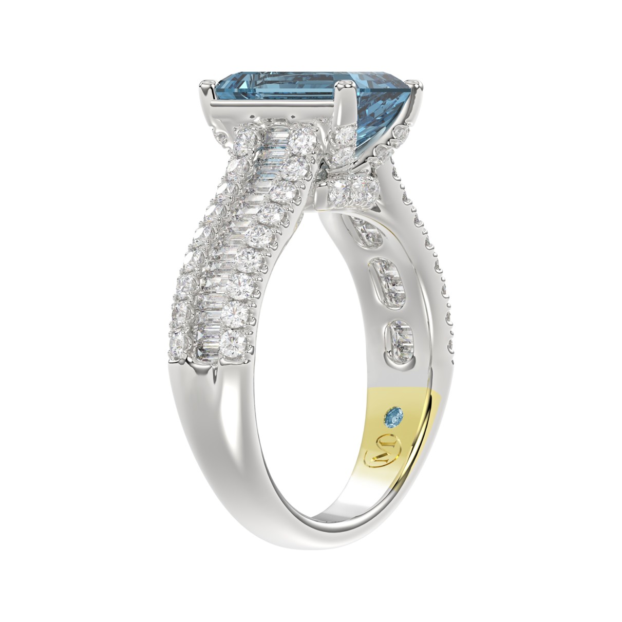 14K WHITE GOLD CRAFTED WITH 18K YELLOW GOLD SHANK 4.00CT ROUND/RADIANT/BAGUETTE DIAMOND LADIES RING (CENTER STONE RADIANT BLUE DIAMOND 3.00CT)