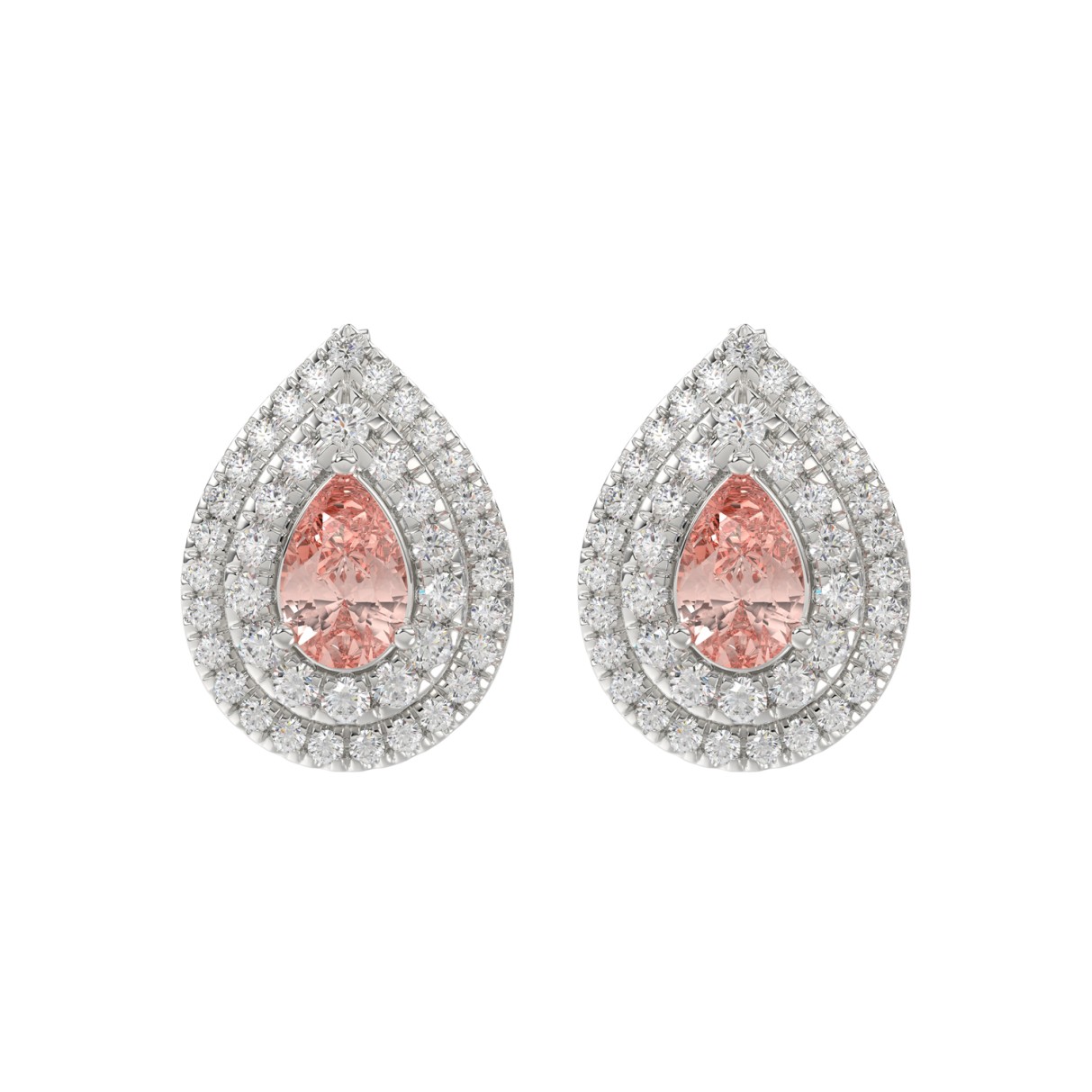 14K WHITE GOLD CRAFTED WITH 18K YELLOW GOLD BACK PLATE 3 1/4CT ROUND/PINK PEAR DIAMOND LADIES EARRINGS