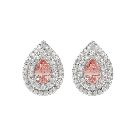 14K WHITE GOLD CRAFTED WITH 18K YELLOW GOLD BACK PLATE 3 1/4CT ROUND/PINK PEAR DIAMOND LADIES EARRINGS