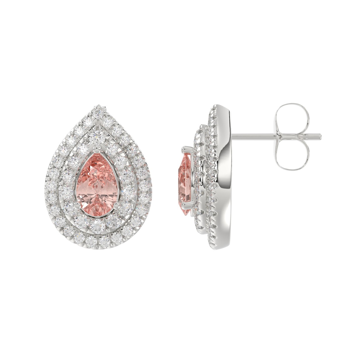 14K WHITE GOLD CRAFTED WITH 18K YELLOW GOLD BACK PLATE 3 1/4CT ROUND/PINK PEAR DIAMOND LADIES EARRINGS