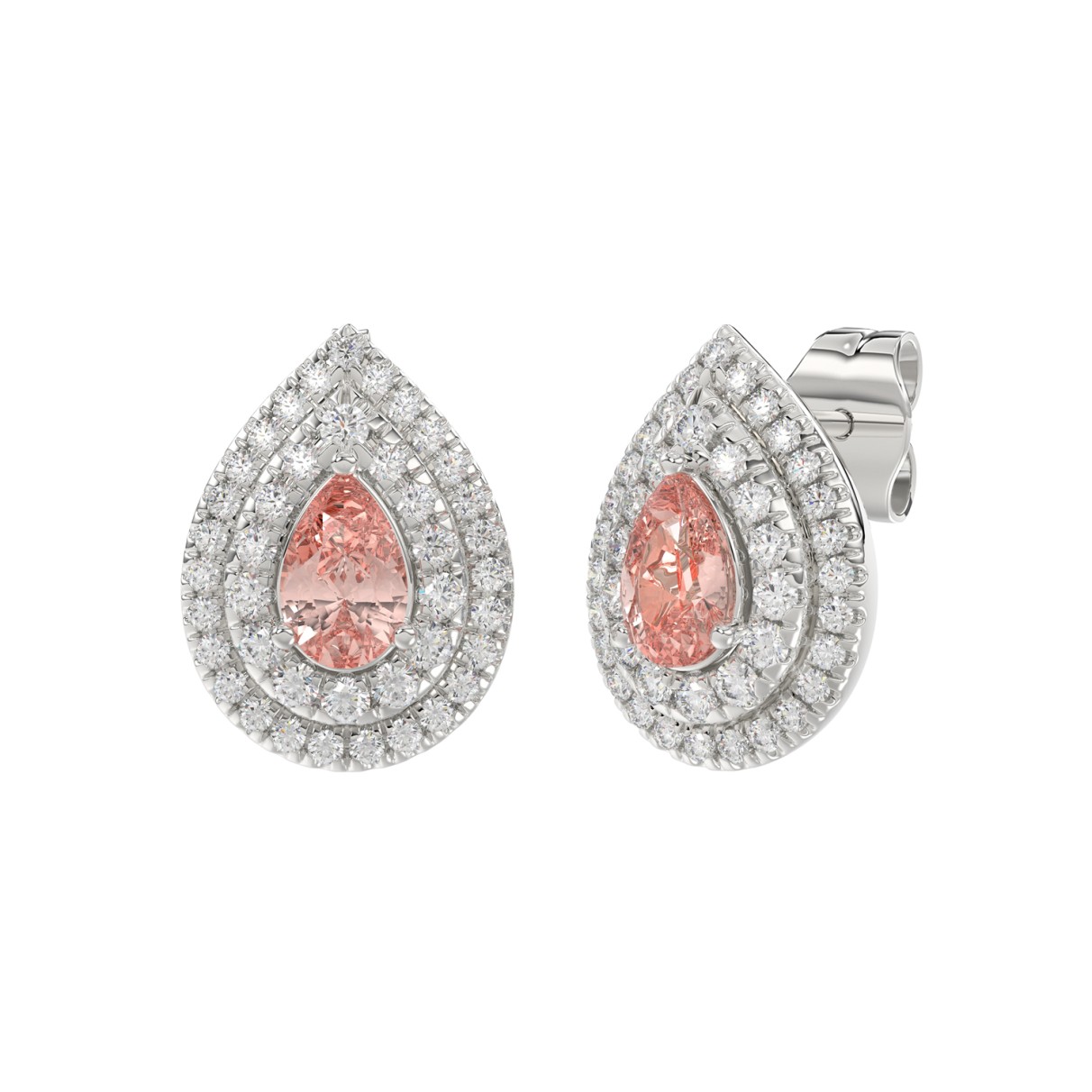 14K WHITE GOLD CRAFTED WITH 18K YELLOW GOLD BACK PLATE 3 1/4CT ROUND/PINK PEAR DIAMOND LADIES EARRINGS