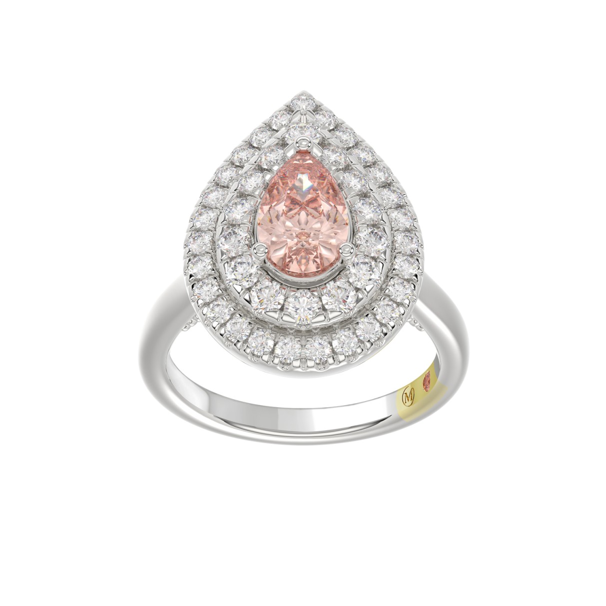 14K WHITE GOLD CRAFTED WITH 18K YELLOW GOLD SHANK  2 1/2CT ROUND/PINK PEAR DIAMOND LADIES RING