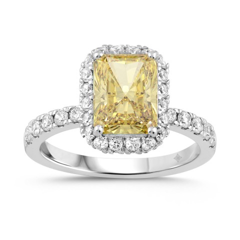 14K WHITE GOLD 4.00CT ROUND/EMERALD DIAMOND LADIES RING (CENTER STONE YELLOW EMERALD DIAMOND 3CT)