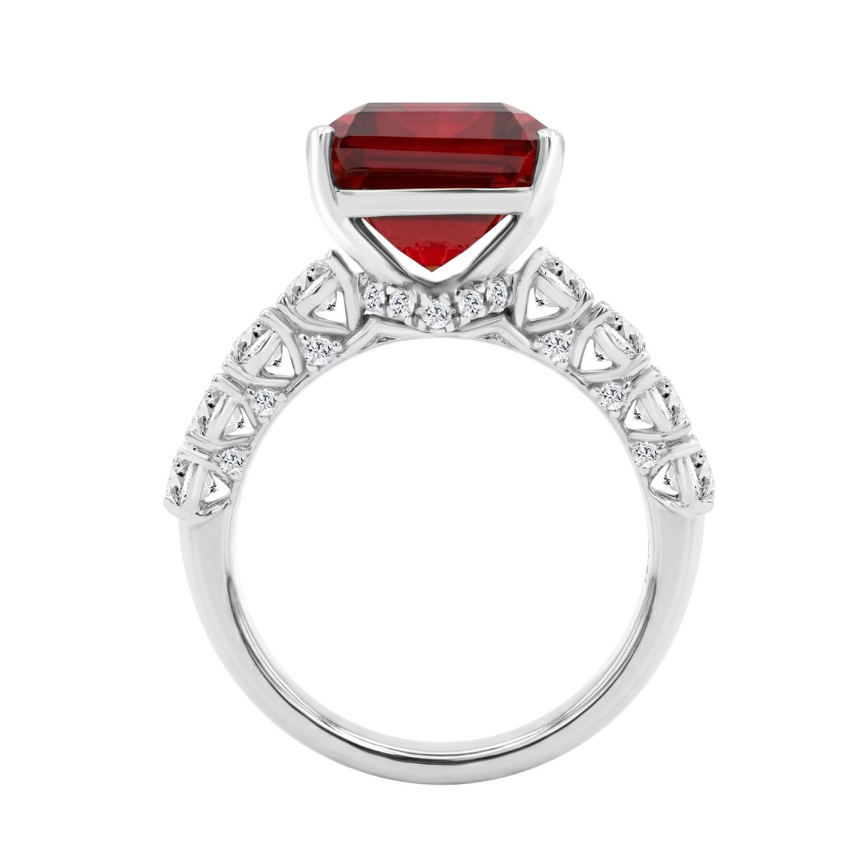 Ladies 14K White Gold 4 1/2Ct Ruby & Round Lab-Grown Diamond Ring 3 1/2Ct Emerald Cut Ruby Center Stone (Color F-G -Clarity Vs1/Vs2)