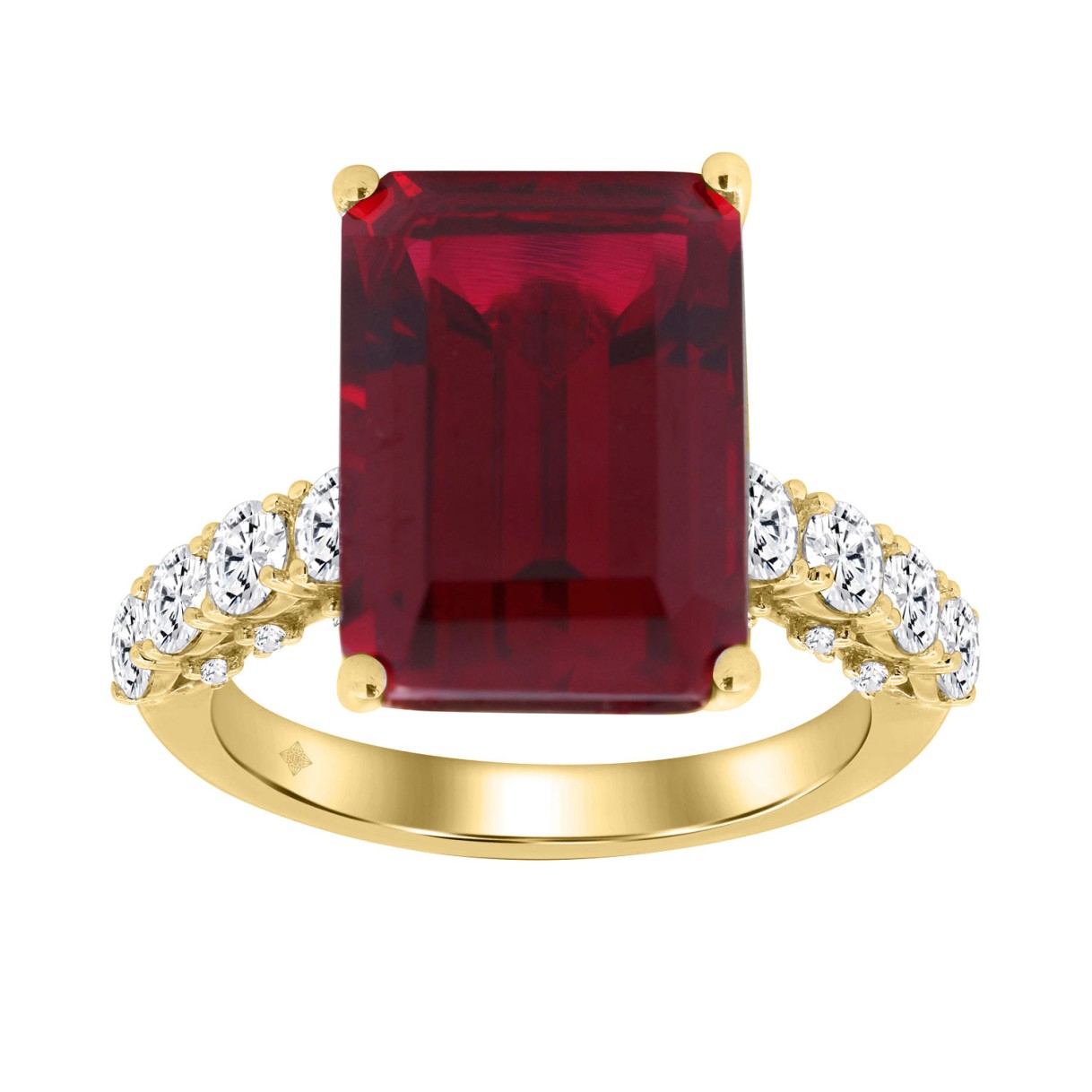 Ladies 14K Yellow Gold 4 1/2Ct Ruby & Round Lab-Grown Diamond Ring 3 1/2Ct Emerald Cut Ruby Center Stone (Color F-G -Clarity Vs1/Vs2)