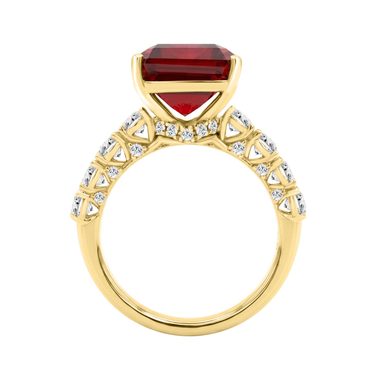 Ladies 14K Yellow Gold 4 1/2Ct Ruby & Round Lab-Grown Diamond Ring 3 1/2Ct Emerald Cut Ruby Center Stone (Color F-G -Clarity Vs1/Vs2)