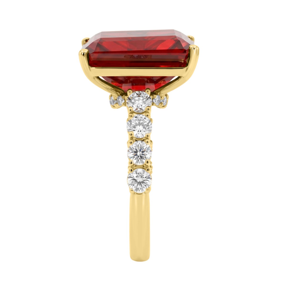 Ladies 14K Yellow Gold 4 1/2Ct Ruby & Round Lab-Grown Diamond Ring 3 1/2Ct Emerald Cut Ruby Center Stone (Color F-G -Clarity Vs1/Vs2)
