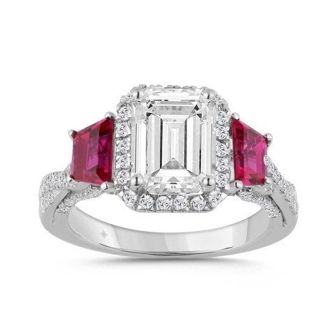 14K WHITE GOLD 3.00CT ROUND/EMERALD/RUBY TRAPEZOID DIAMOND LADIES RING (CENTER STONE EMERALD DIAMOND 2 1/2CT)