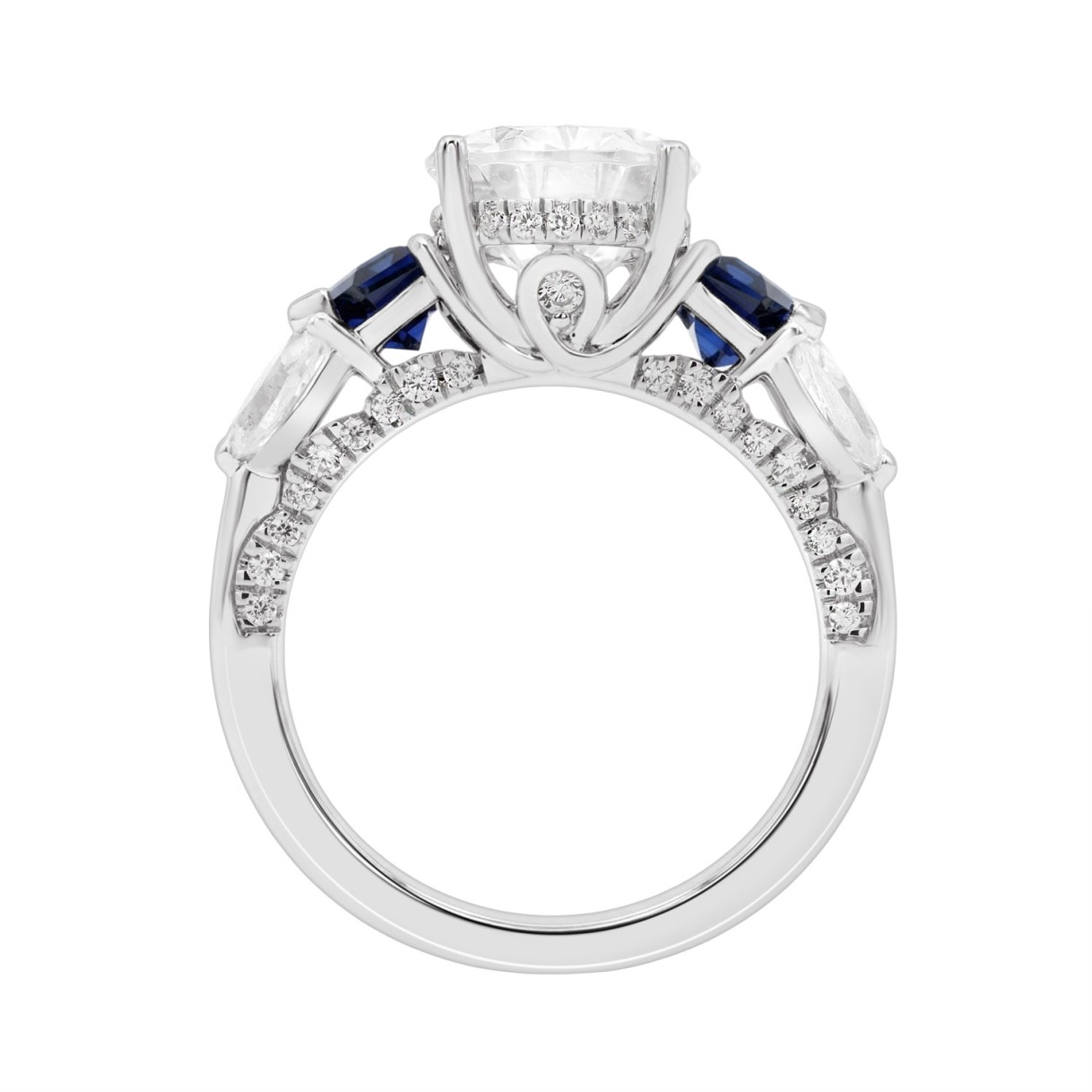 14K WHITE GOLD 3 3/4CT ROUND/PEAR/MARQUISE/BLUE SAPPHIRE CADILLAC DIAMOND LADIES RING (CENTER STONE PEAR DIAMOND 3CT)