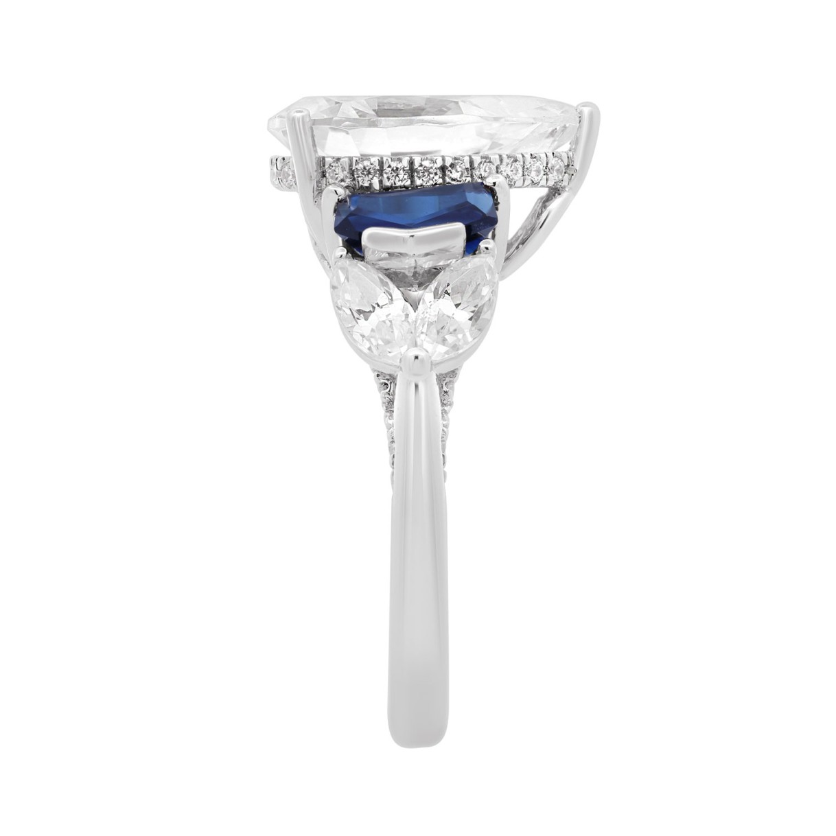 14K WHITE GOLD 3 3/4CT ROUND/PEAR/MARQUISE/BLUE SAPPHIRE CADILLAC DIAMOND LADIES RING (CENTER STONE PEAR DIAMOND 3CT)