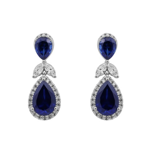 14K WHITE GOLD 1 1/4CT ROUND/MARQUISE/BLUE SAPPHIRE PEAR DIAMOND LADIES EARRINGS