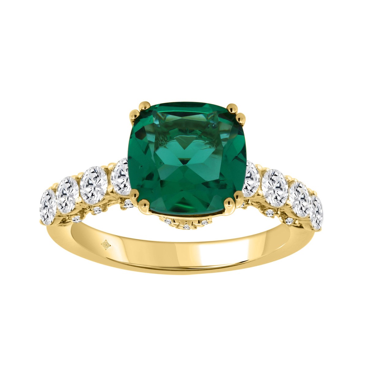 14K YELLOW GOLD 3 1/2CT ROUND/EMERALD CUSHION DIAMOND LADIES RING (CENTER STONE EMERALD CUSHION DIAMOND 2 1/2CT)