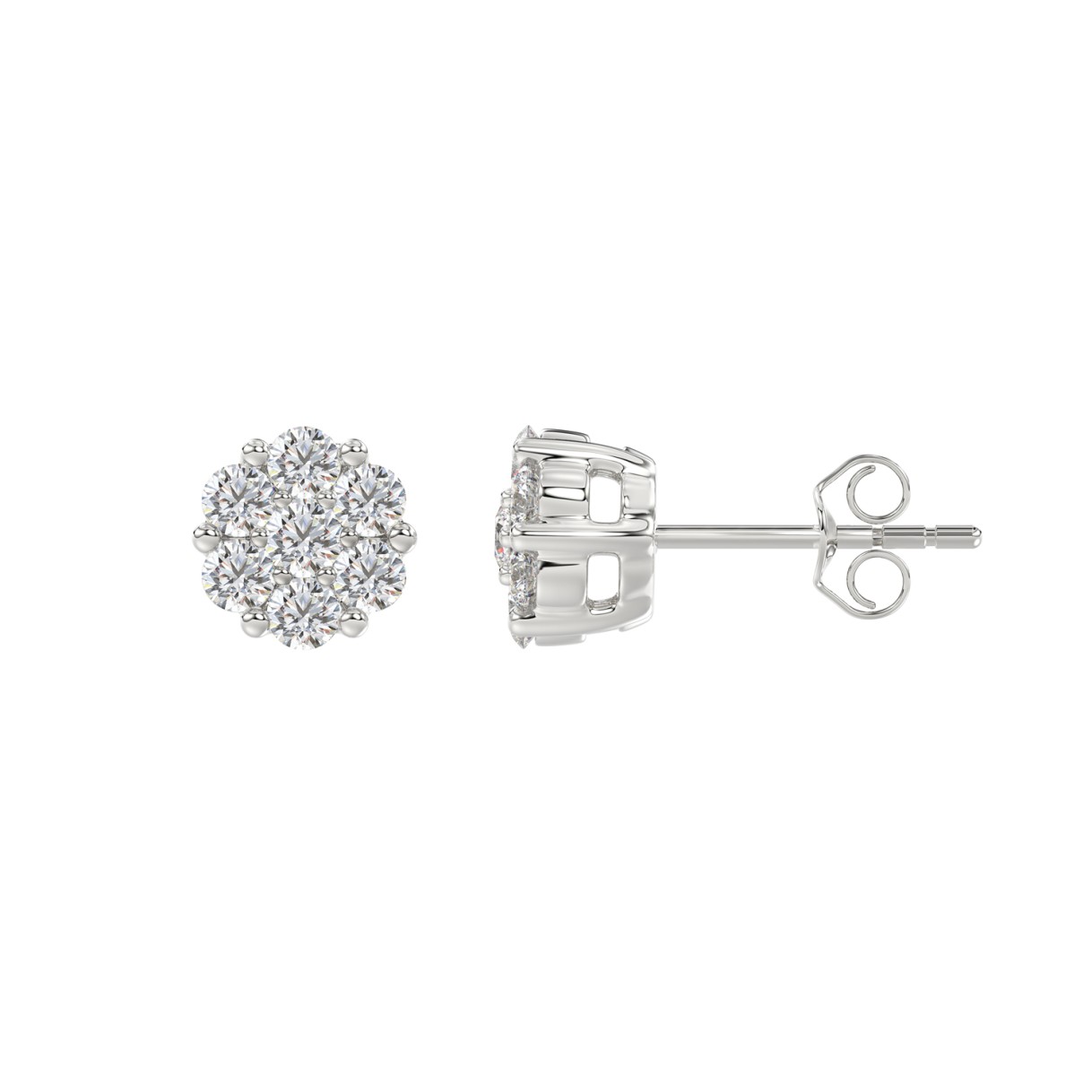 14K WHITE GOLD 1 1/2CT ROUND DIAMOND LADIES FLOWER EARRINGS